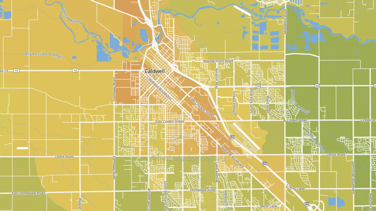 Map of the best neighborhoods in the 83605 area, with better matches in green and worse matches in red