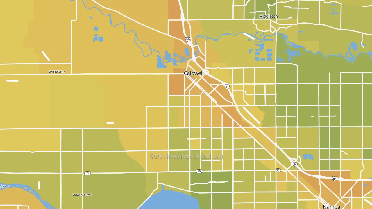 Map of the best neighborhoods in the 83607 area, with better matches in green and worse matches in red