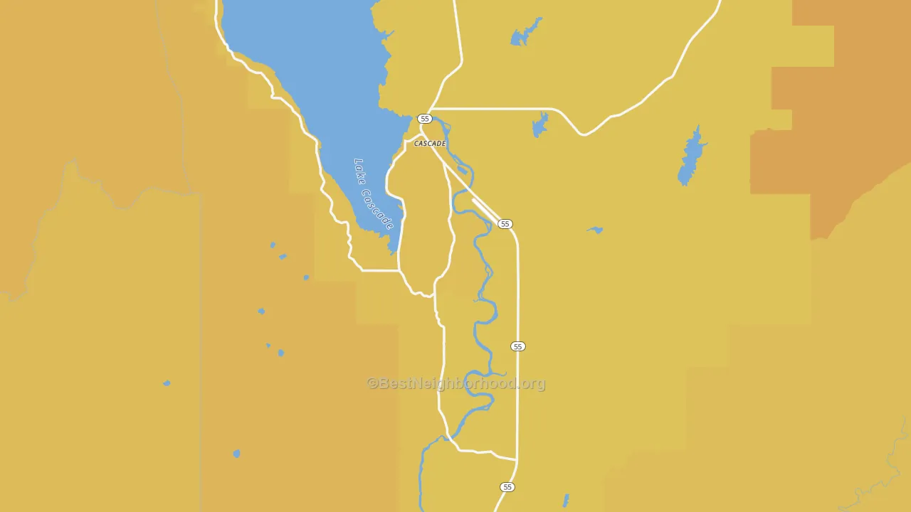 Map of the best neighborhoods in the 83611 area, with better matches in green and worse matches in red