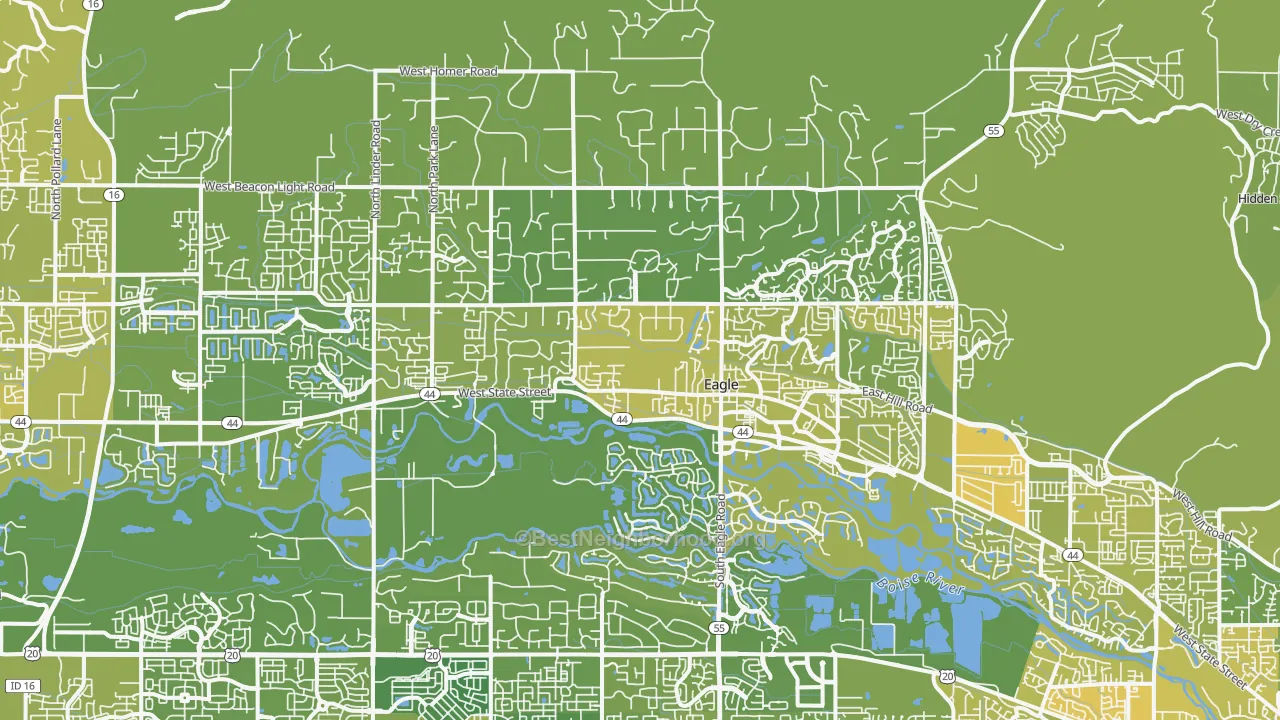 Map of the best neighborhoods in the 83616 area, with better matches in green and worse matches in red