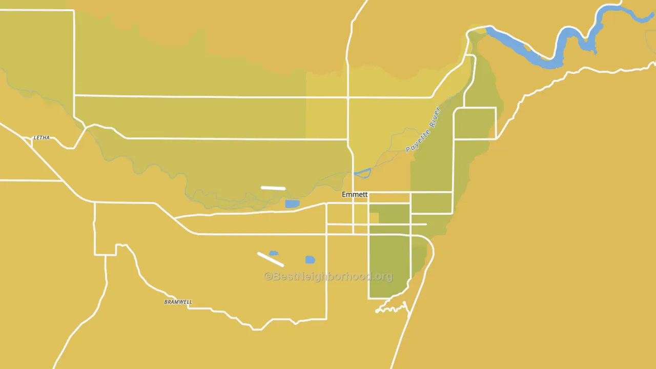 Map of the best neighborhoods in the 83617 area, with better matches in green and worse matches in red