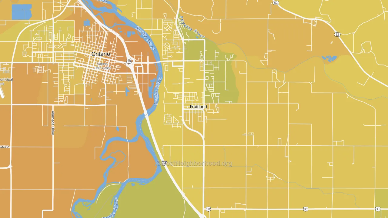 Map of the best neighborhoods in the 83619 area, with better matches in green and worse matches in red