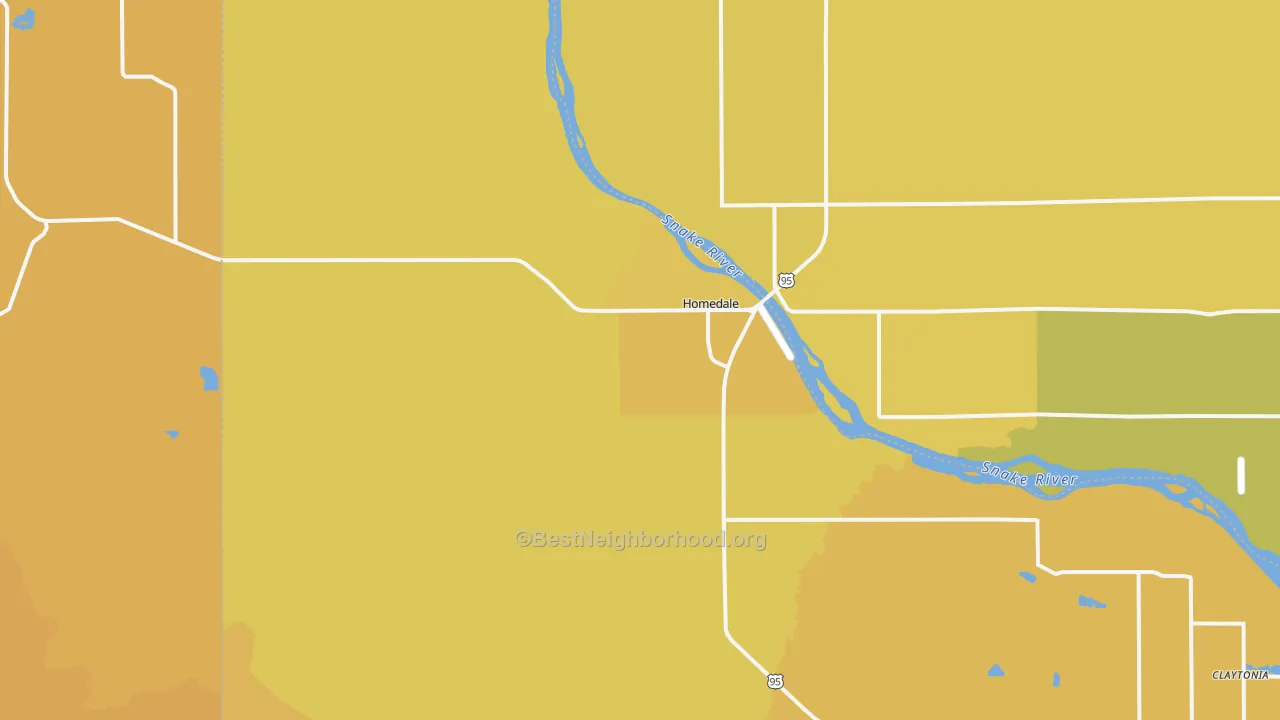 Map of the best neighborhoods in the 83628 area, with better matches in green and worse matches in red