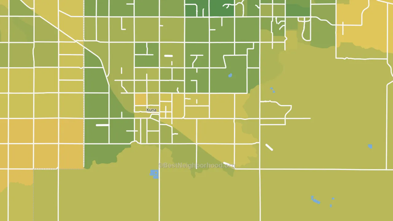 Map of the best neighborhoods in the 83634 area, with better matches in green and worse matches in red