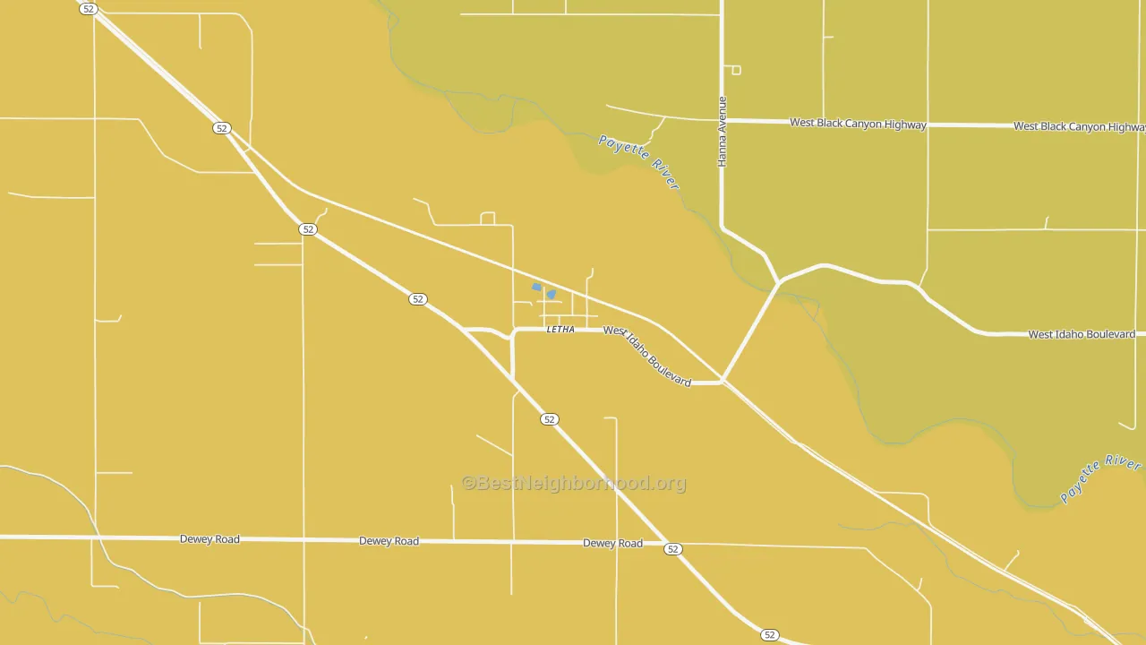 Map of the best neighborhoods in the 83636 area, with better matches in green and worse matches in red