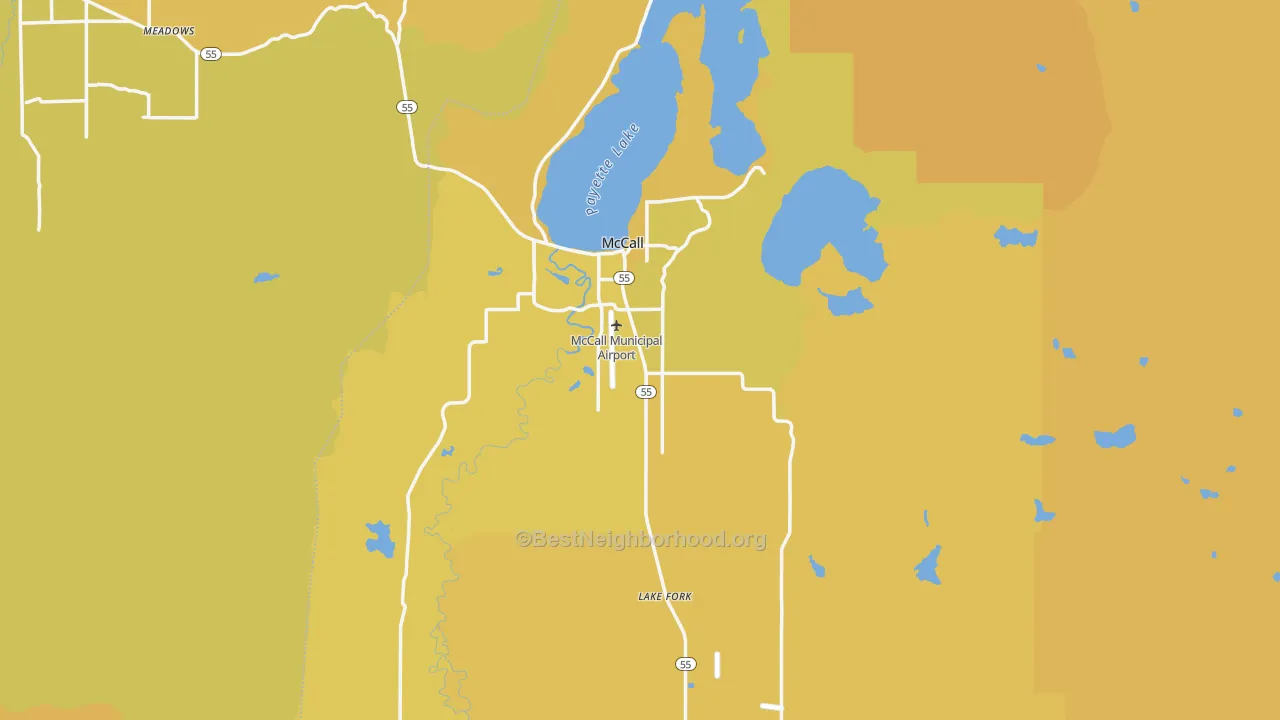 Map of the best neighborhoods in the 83638 area, with better matches in green and worse matches in red