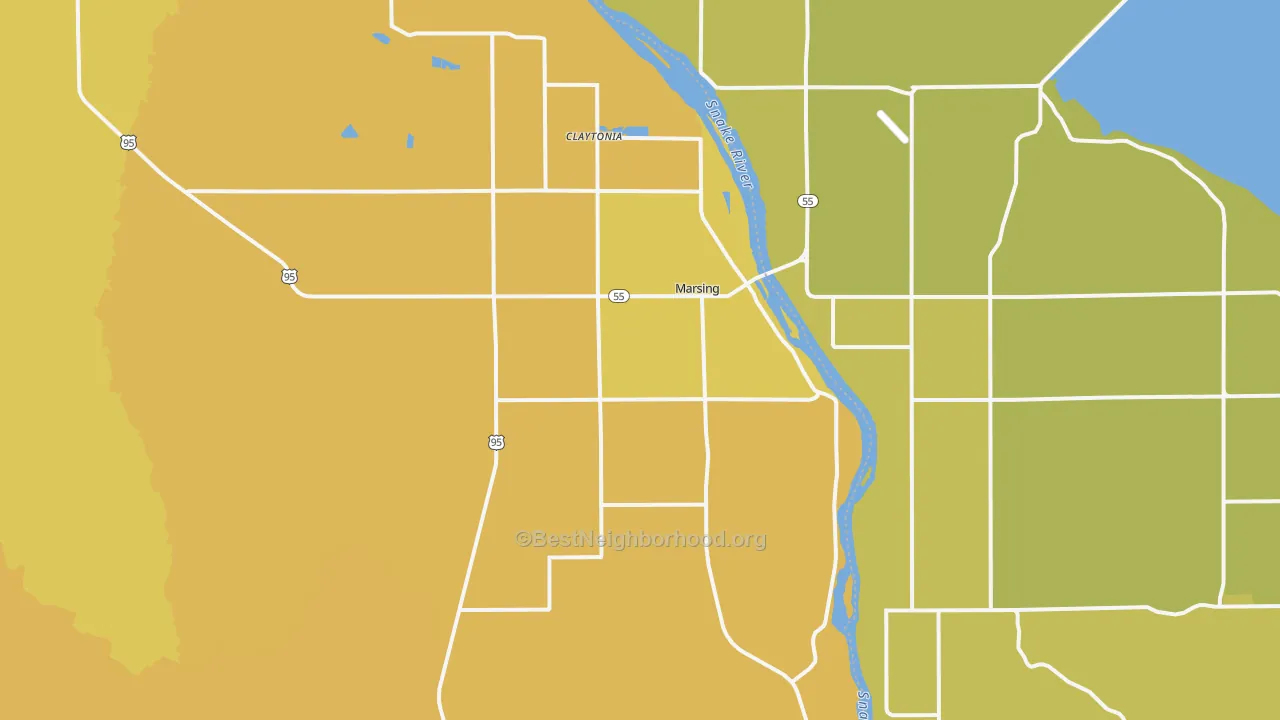 Map of the best neighborhoods in the 83639 area, with better matches in green and worse matches in red