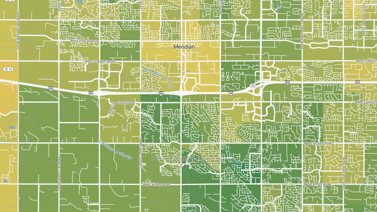Map of the best neighborhoods in the 83642 area, with better matches in green and worse matches in red