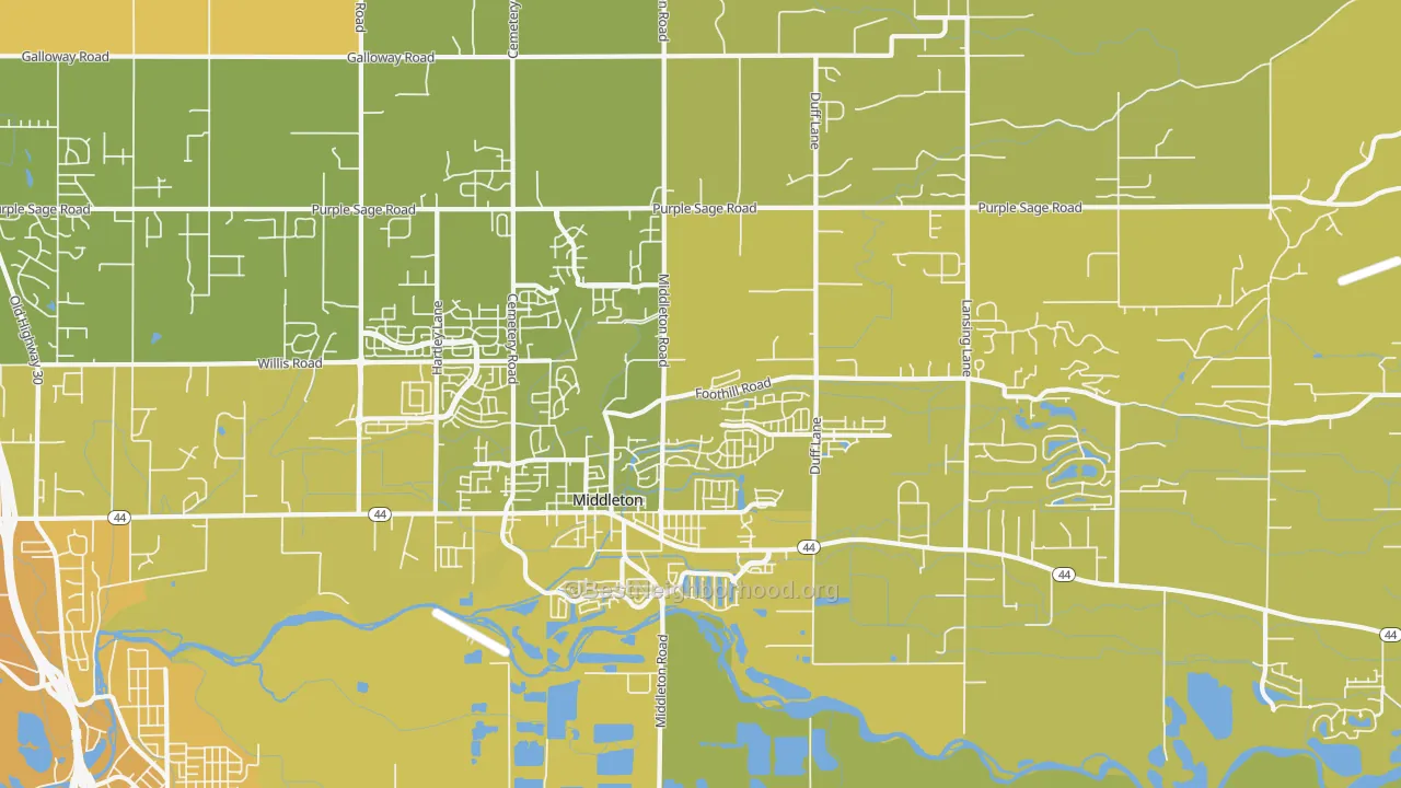 Map of the best neighborhoods in the 83644 area, with better matches in green and worse matches in red