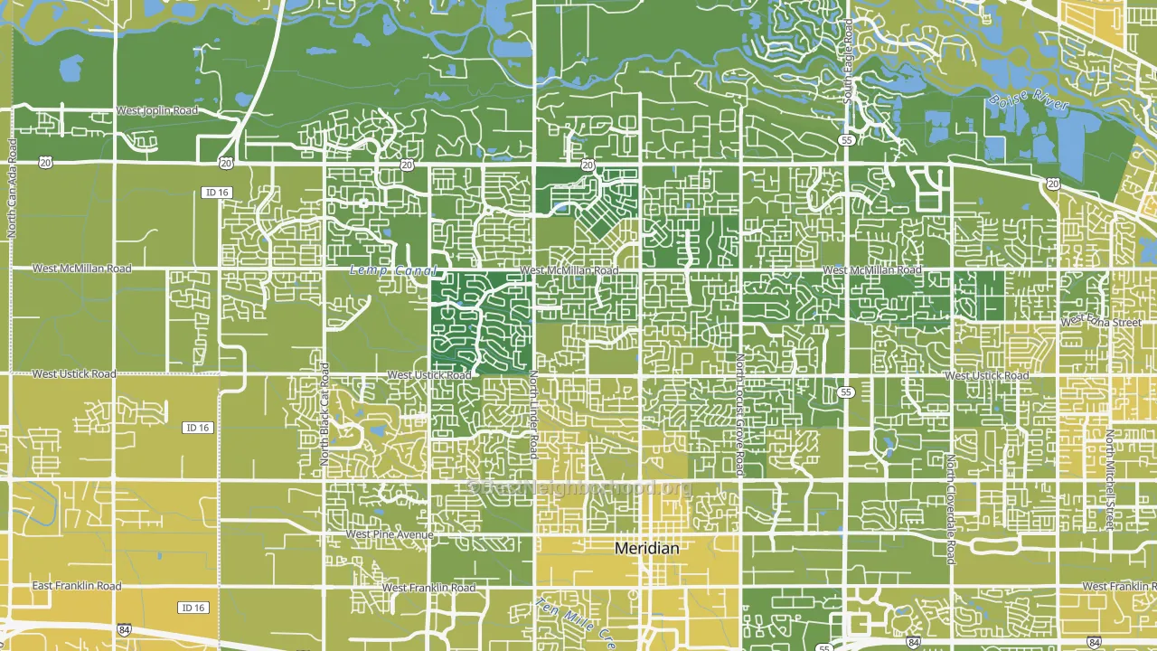 Map of the best neighborhoods in the 83646 area, with better matches in green and worse matches in red