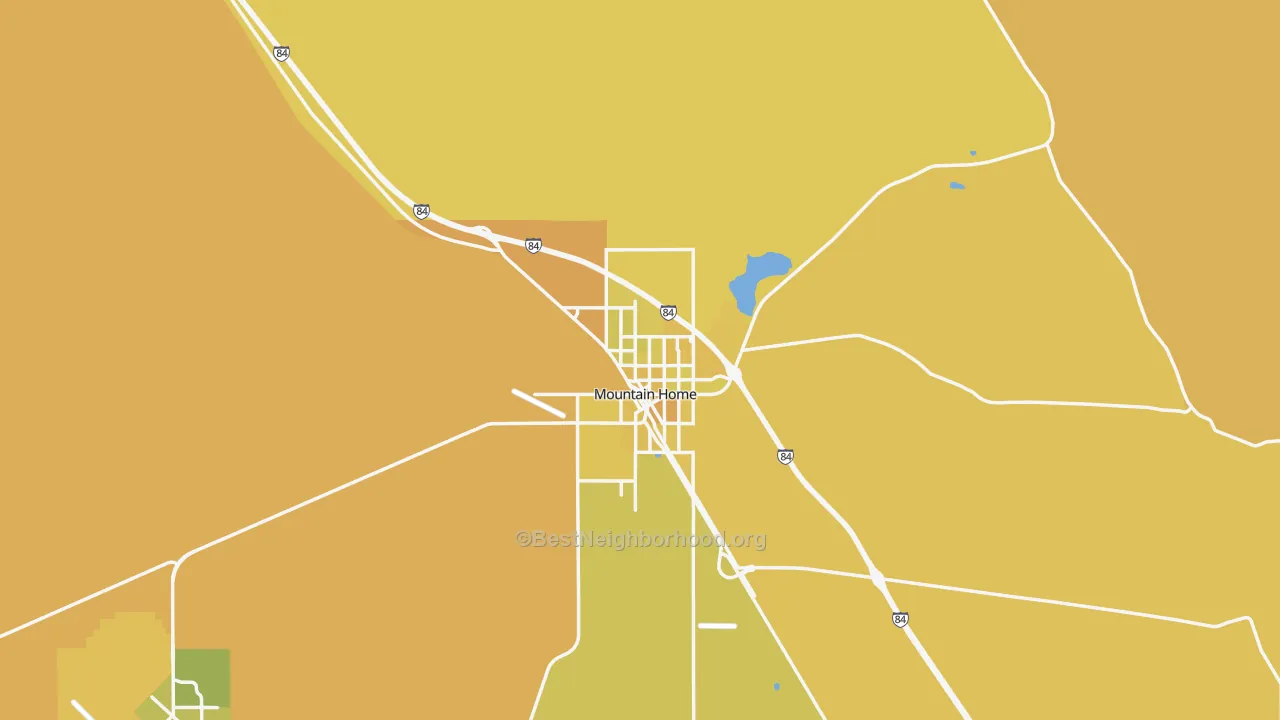 Map of the best neighborhoods in the 83647 area, with better matches in green and worse matches in red