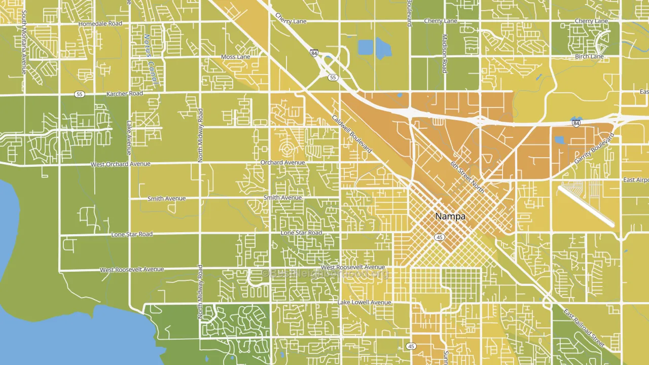 Map of the best neighborhoods in the 83651 area, with better matches in green and worse matches in red