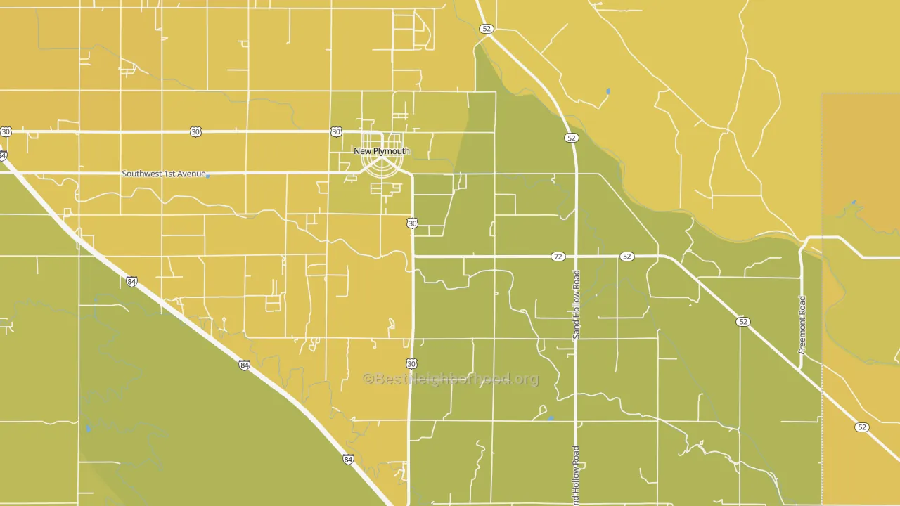 Map of the best neighborhoods in the 83655 area, with better matches in green and worse matches in red