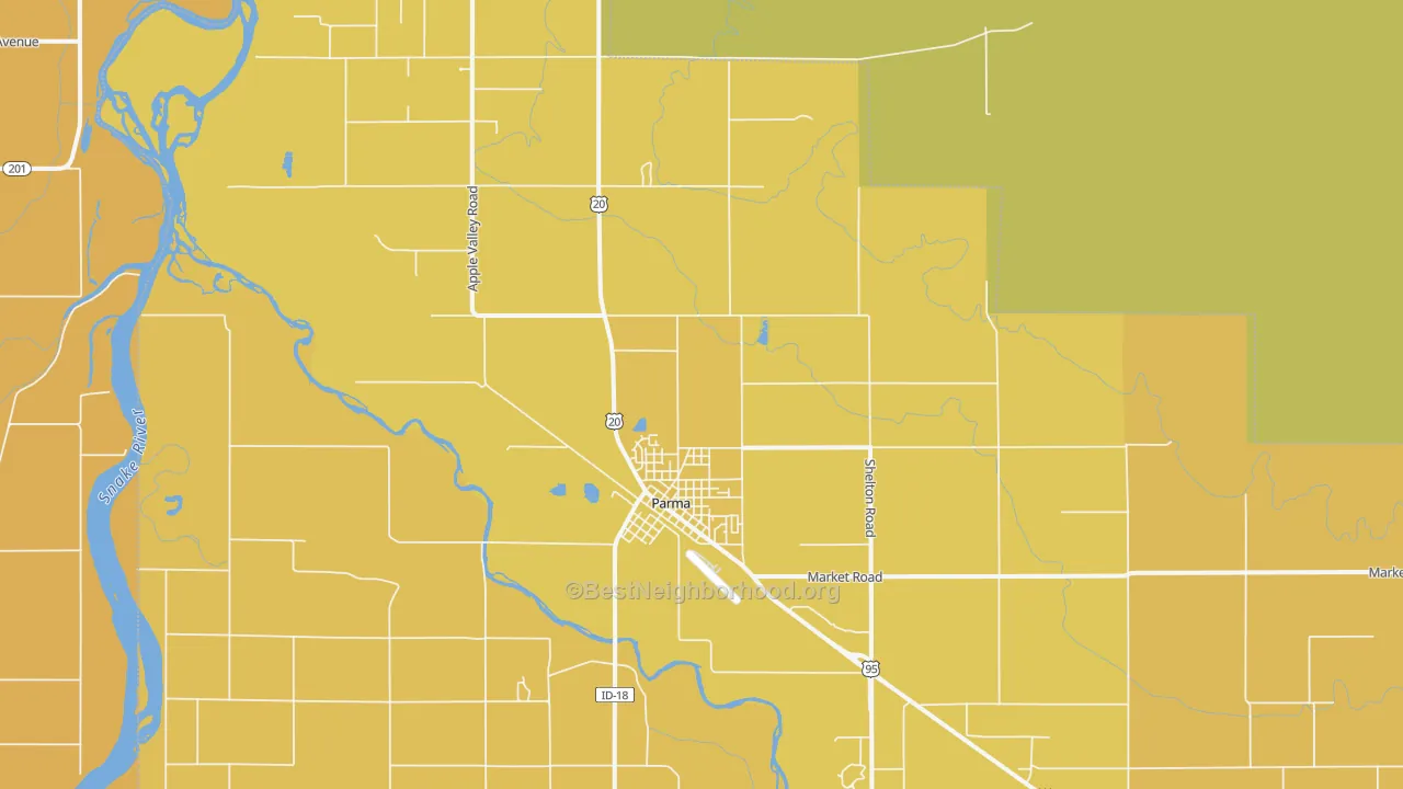 Map of the best neighborhoods in the 83660 area, with better matches in green and worse matches in red
