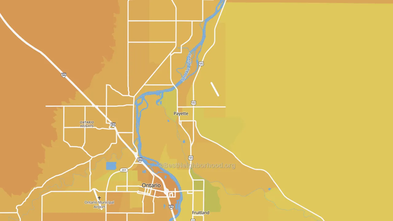 Map of the best neighborhoods in the 83661 area, with better matches in green and worse matches in red