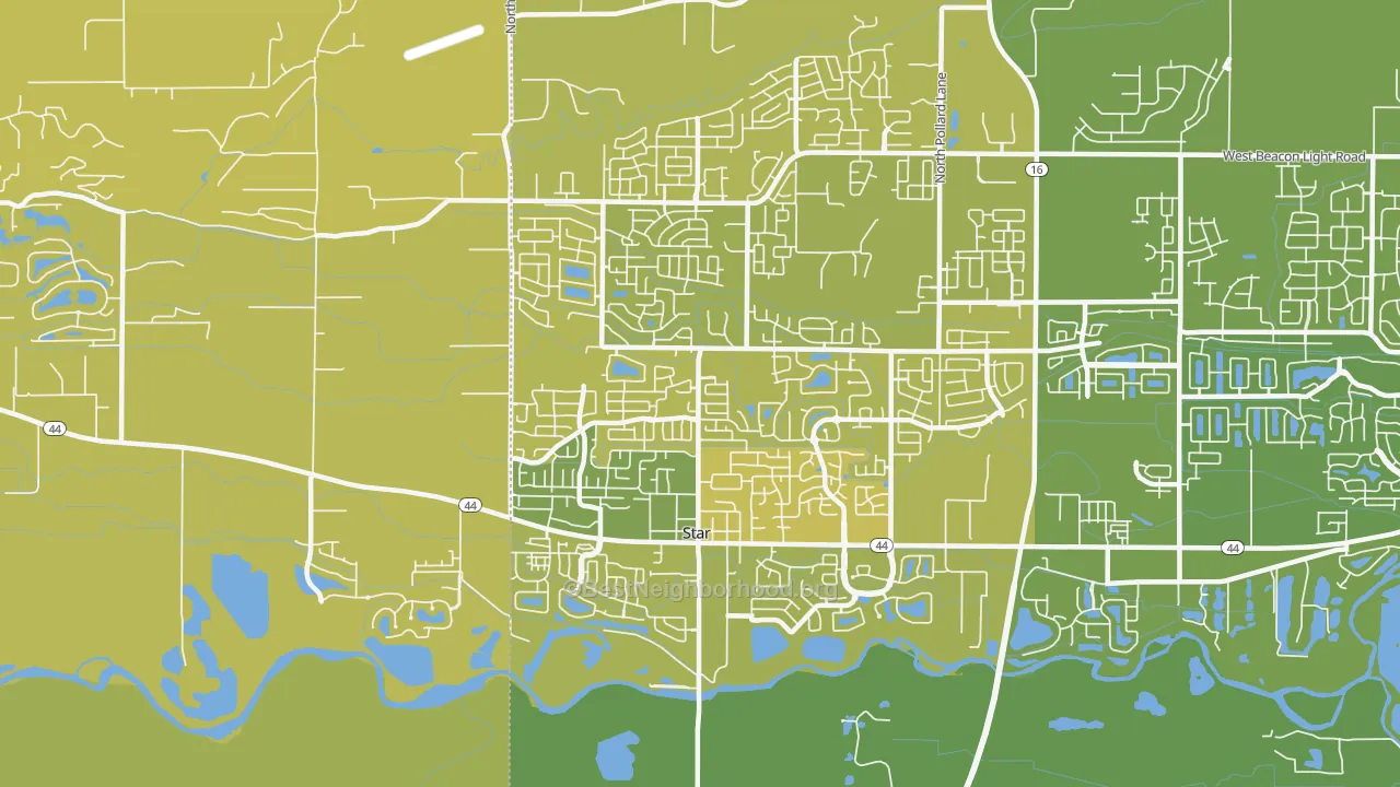 Map of the best neighborhoods in the 83669 area, with better matches in green and worse matches in red