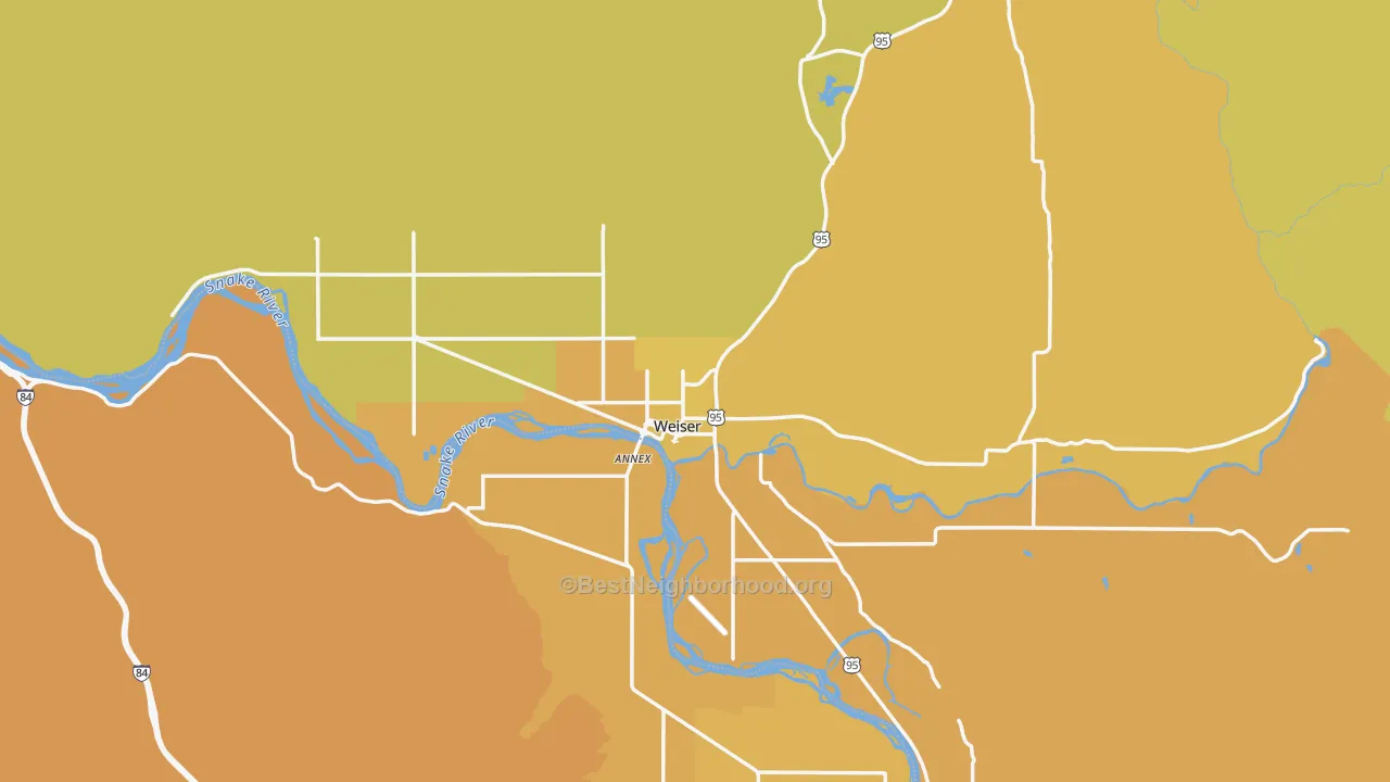 Map of the best neighborhoods in the 83672 area, with better matches in green and worse matches in red