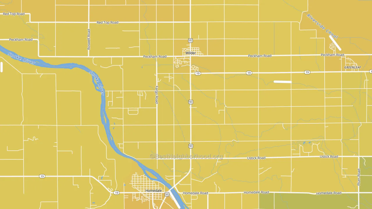 Map of the best neighborhoods in the 83676 area, with better matches in green and worse matches in red