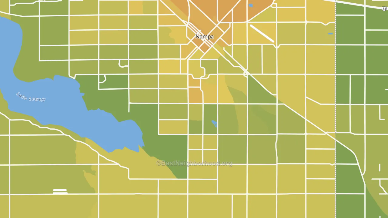 Map of the best neighborhoods in the 83686 area, with better matches in green and worse matches in red