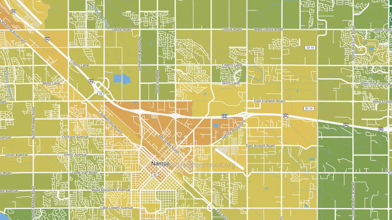 Map of the best neighborhoods in the 83687 area, with better matches in green and worse matches in red