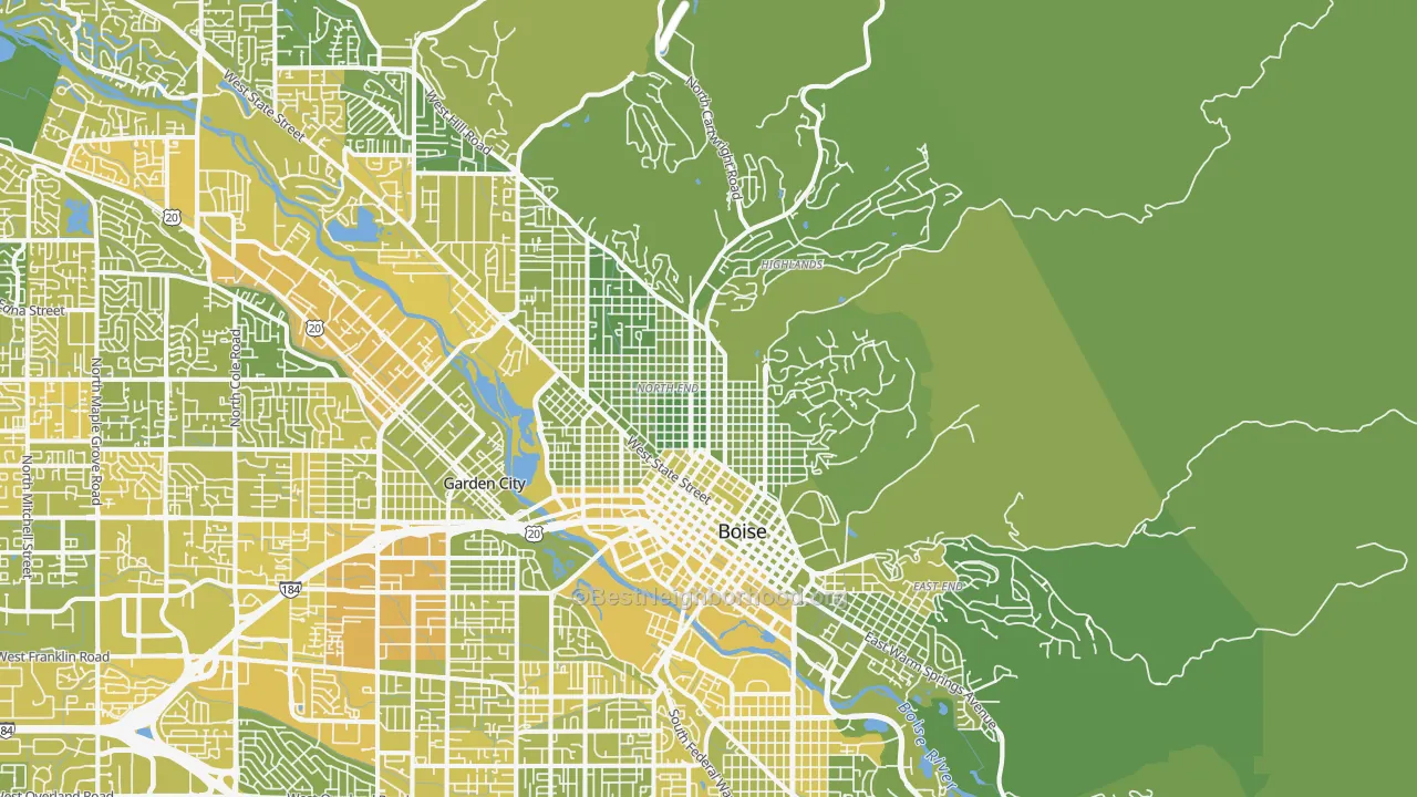 Map of the best neighborhoods in the 83702 area, with better matches in green and worse matches in red