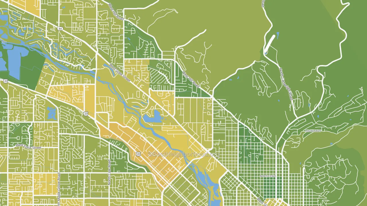 Map of the best neighborhoods in the 83703 area, with better matches in green and worse matches in red