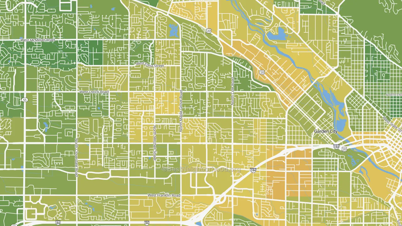 Map of the best neighborhoods in the 83704 area, with better matches in green and worse matches in red
