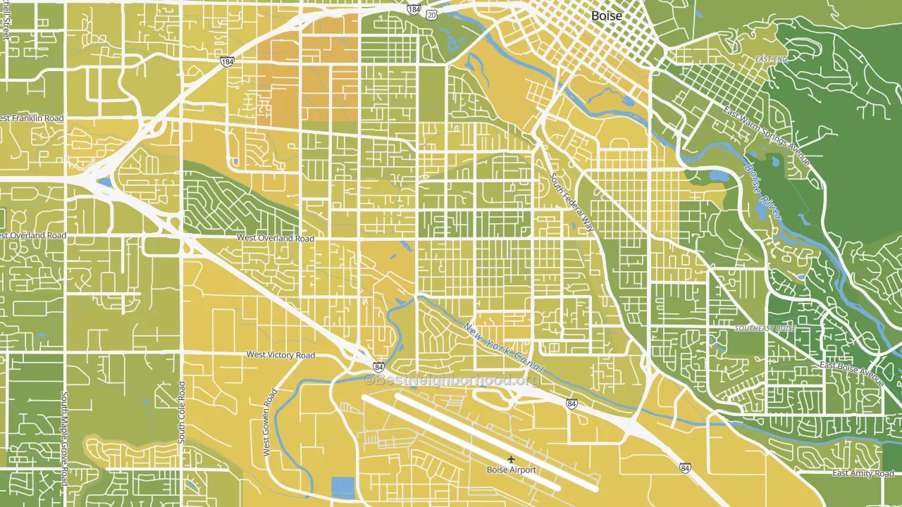 Map of the best neighborhoods in the 83705 area, with better matches in green and worse matches in red