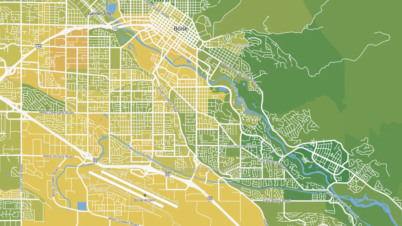 Map of the best neighborhoods in the 83706 area, with better matches in green and worse matches in red