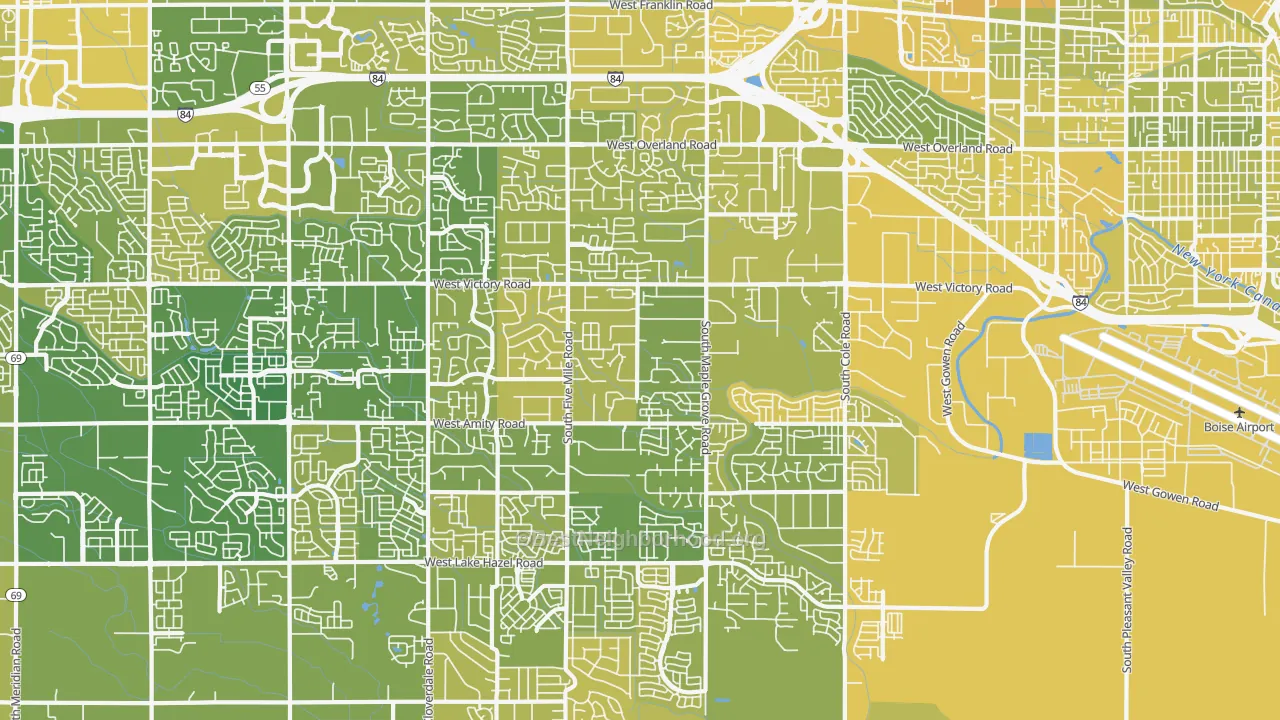 Map of the best neighborhoods in the 83709 area, with better matches in green and worse matches in red