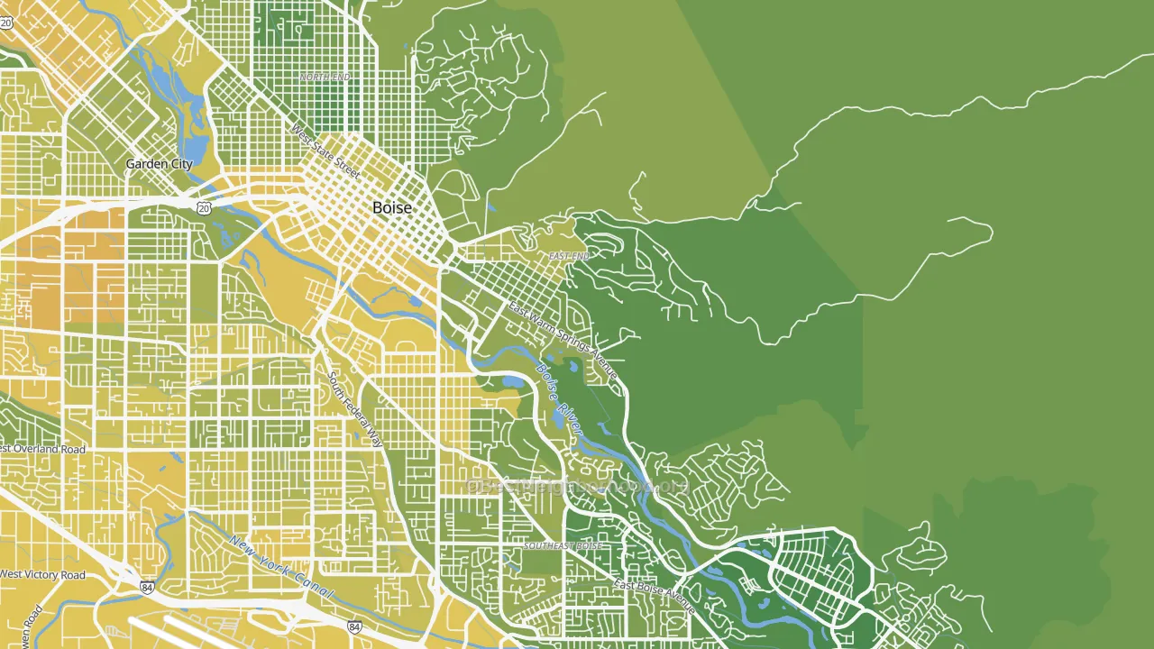 Map of the best neighborhoods in the 83712 area, with better matches in green and worse matches in red