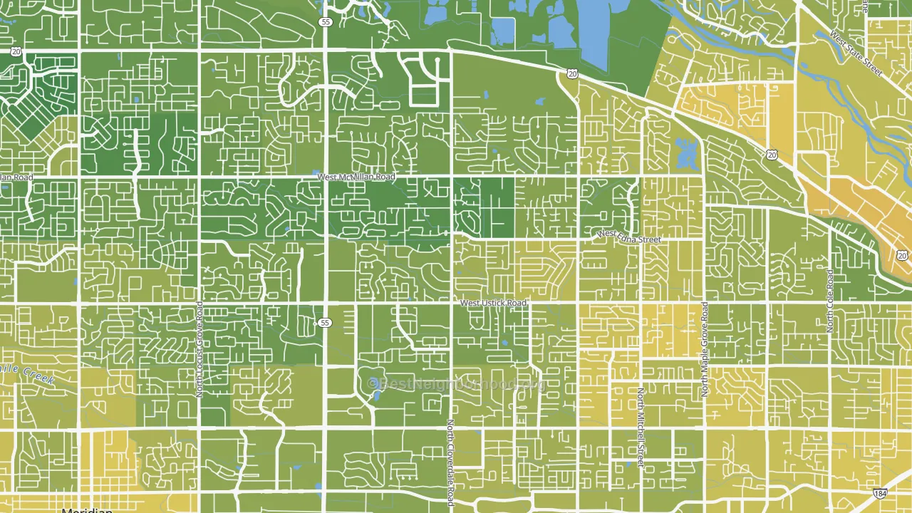Map of the best neighborhoods in the 83713 area, with better matches in green and worse matches in red