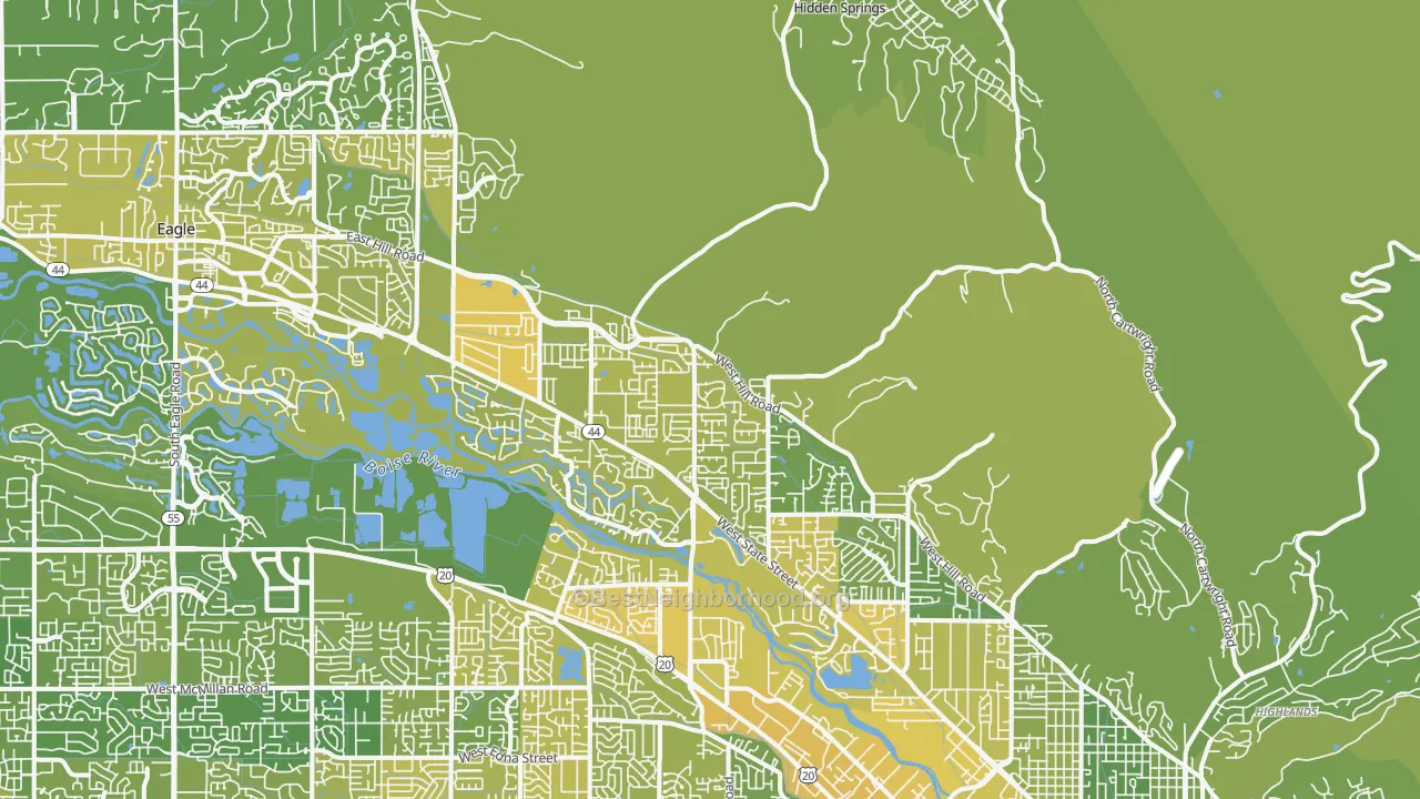 Map of the best neighborhoods in the 83714 area, with better matches in green and worse matches in red