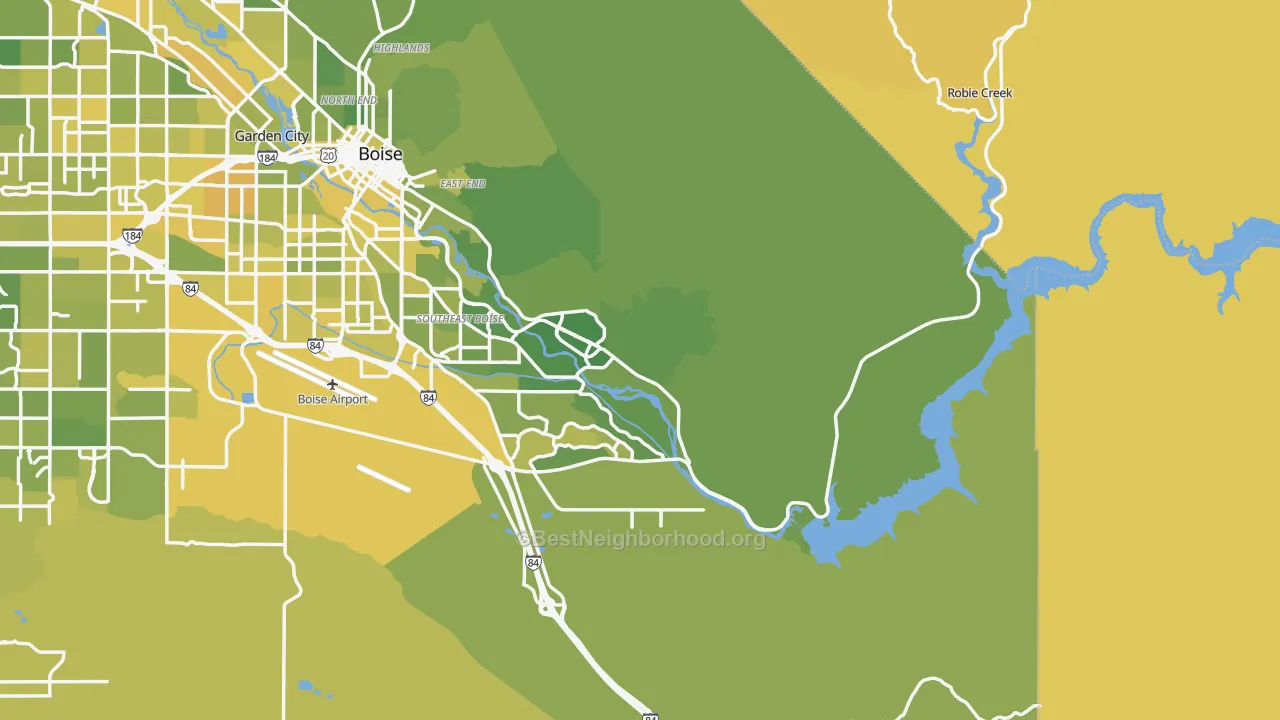 Map of the best neighborhoods in the 83716 area, with better matches in green and worse matches in red