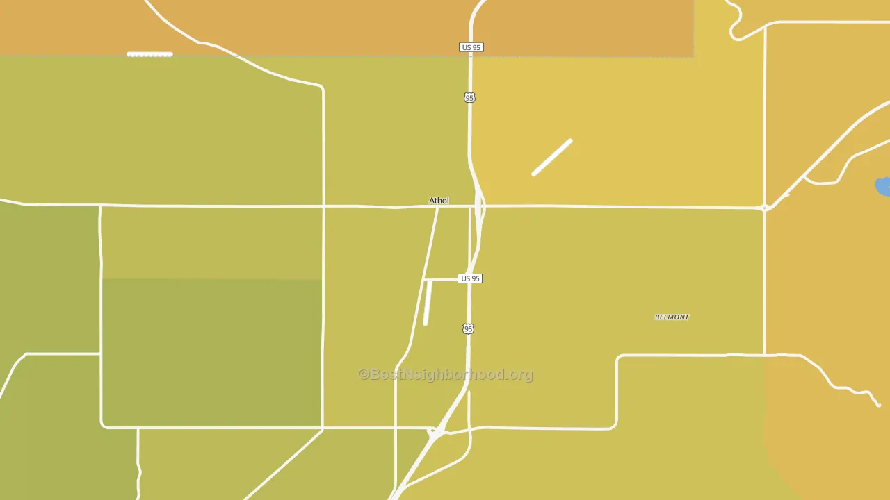 Map of the best neighborhoods in the 83801 area, with better matches in green and worse matches in red