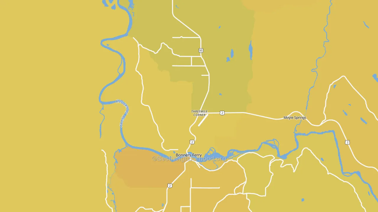Map of the best neighborhoods in the 83805 area, with better matches in green and worse matches in red