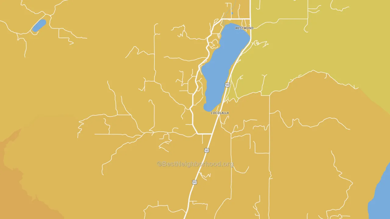 Map of the best neighborhoods in the 83813 area, with better matches in green and worse matches in red