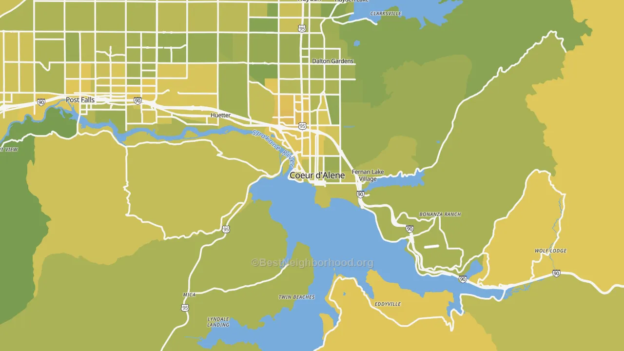 Map of the best neighborhoods in the 83814 area, with better matches in green and worse matches in red