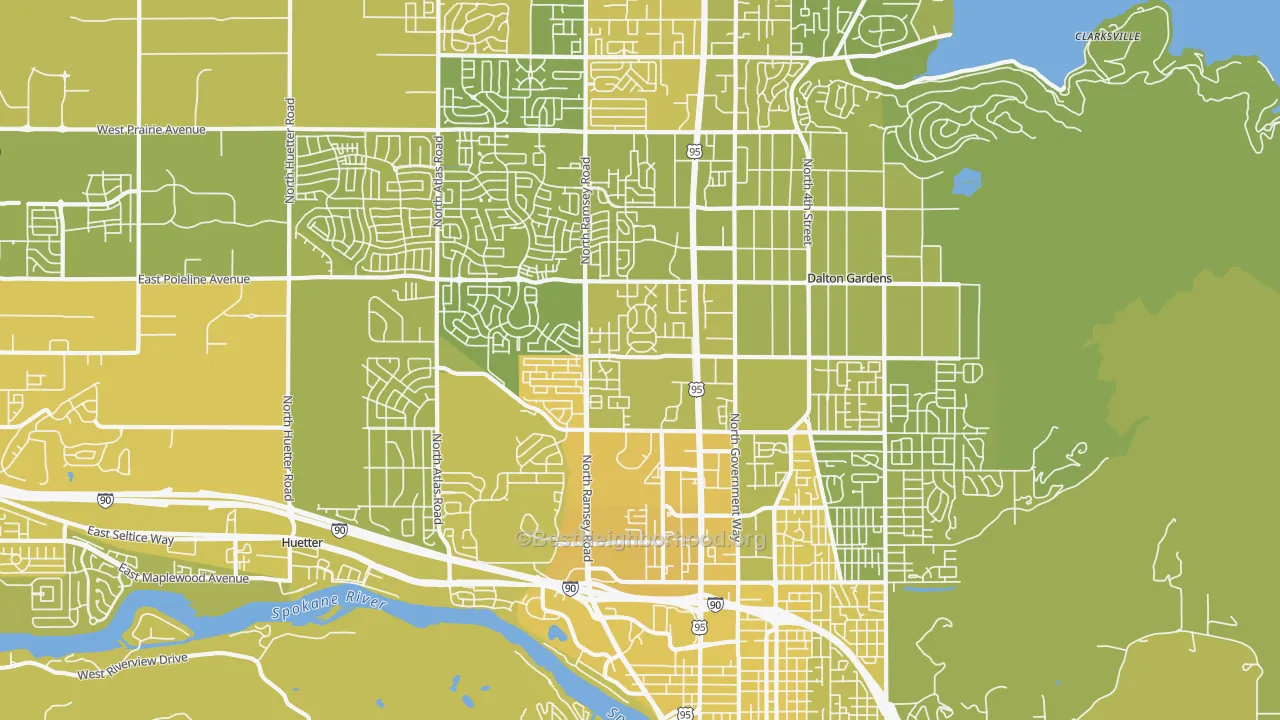 Map of the best neighborhoods in the 83815 area, with better matches in green and worse matches in red