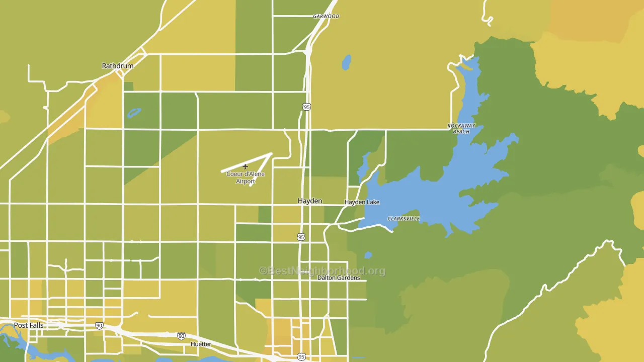 Map of the best neighborhoods in the 83835 area, with better matches in green and worse matches in red