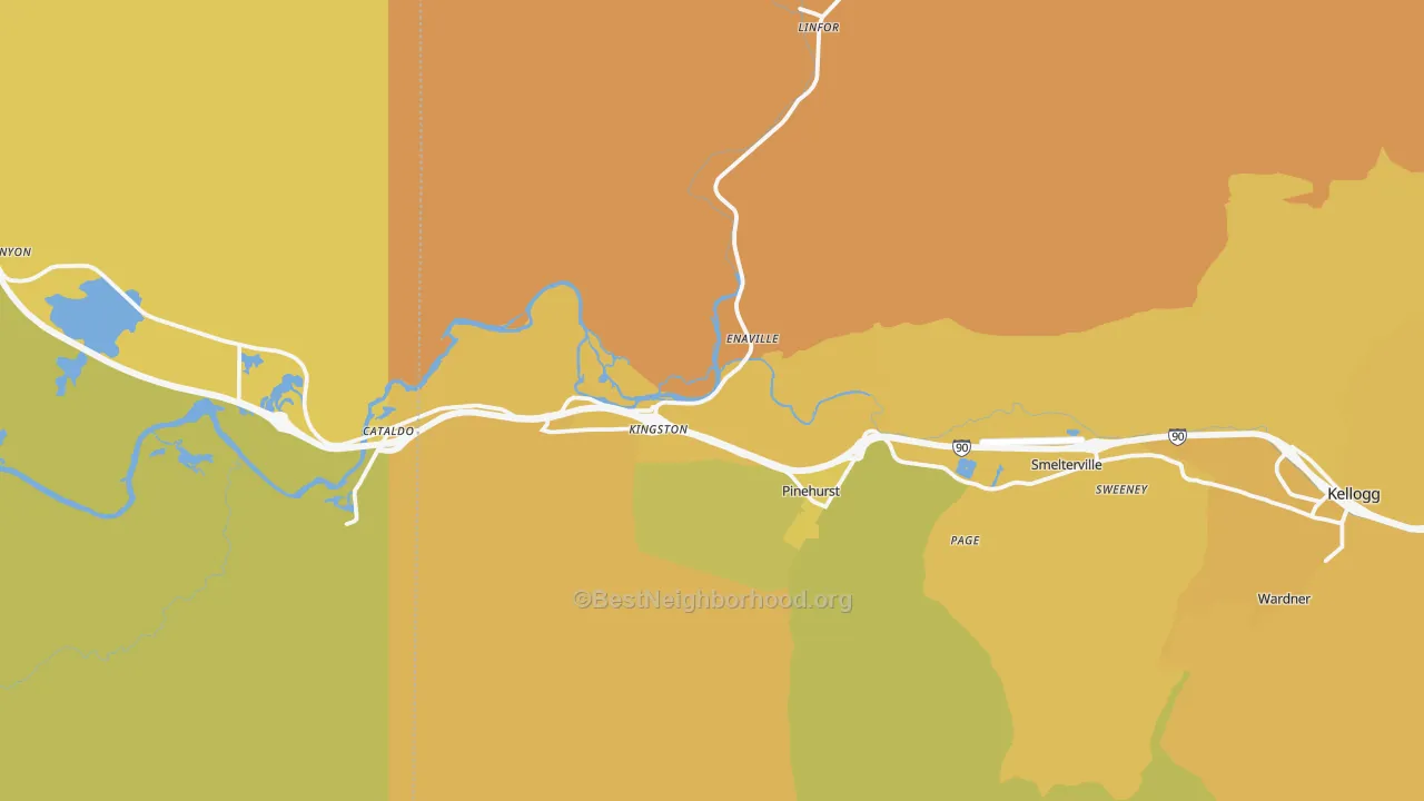 Map of the best neighborhoods in the 83839 area, with better matches in green and worse matches in red