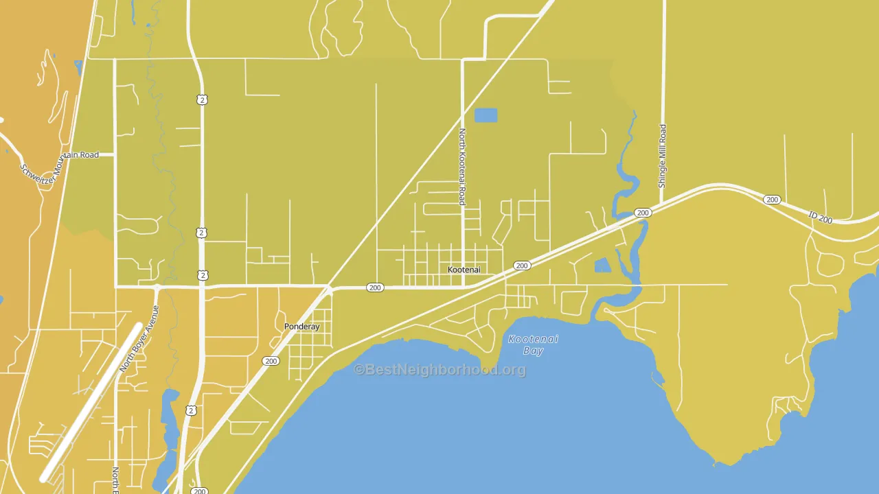 Map of the best neighborhoods in the 83840 area, with better matches in green and worse matches in red