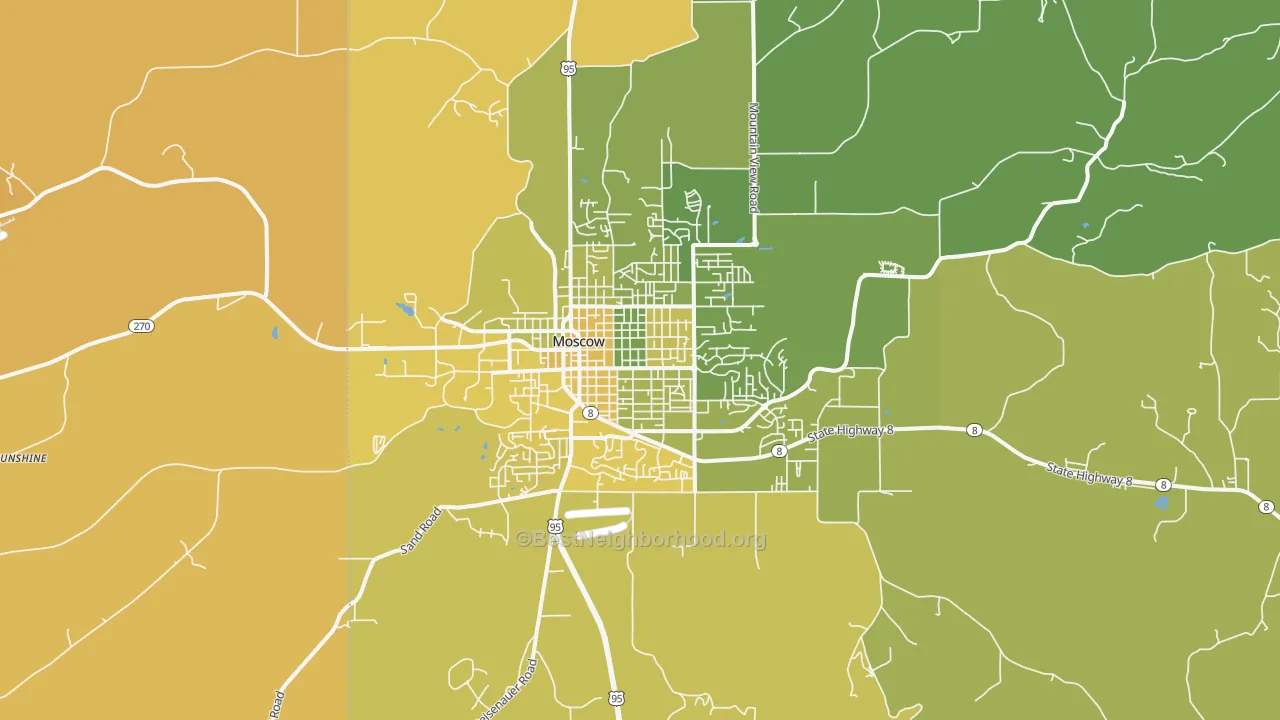 Map of the best neighborhoods in the 83843 area, with better matches in green and worse matches in red