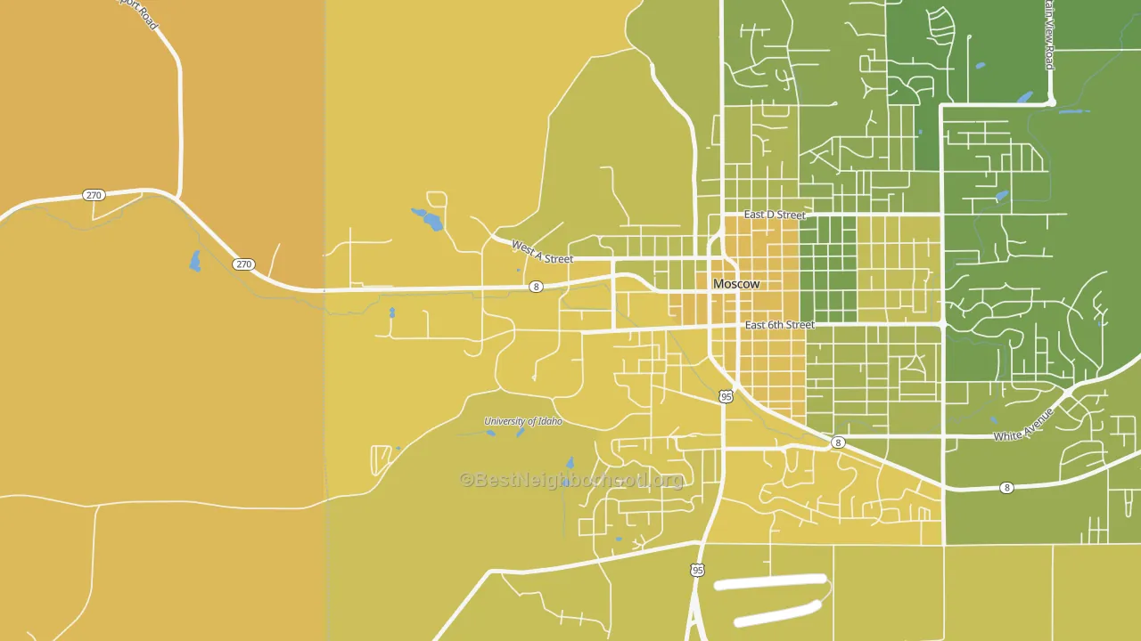 Map of the best neighborhoods in the 83844 area, with better matches in green and worse matches in red