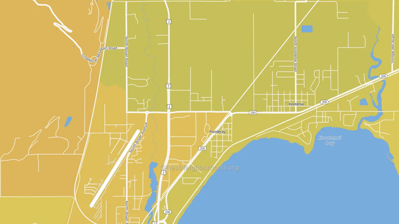 Map of the best neighborhoods in the 83852 area, with better matches in green and worse matches in red