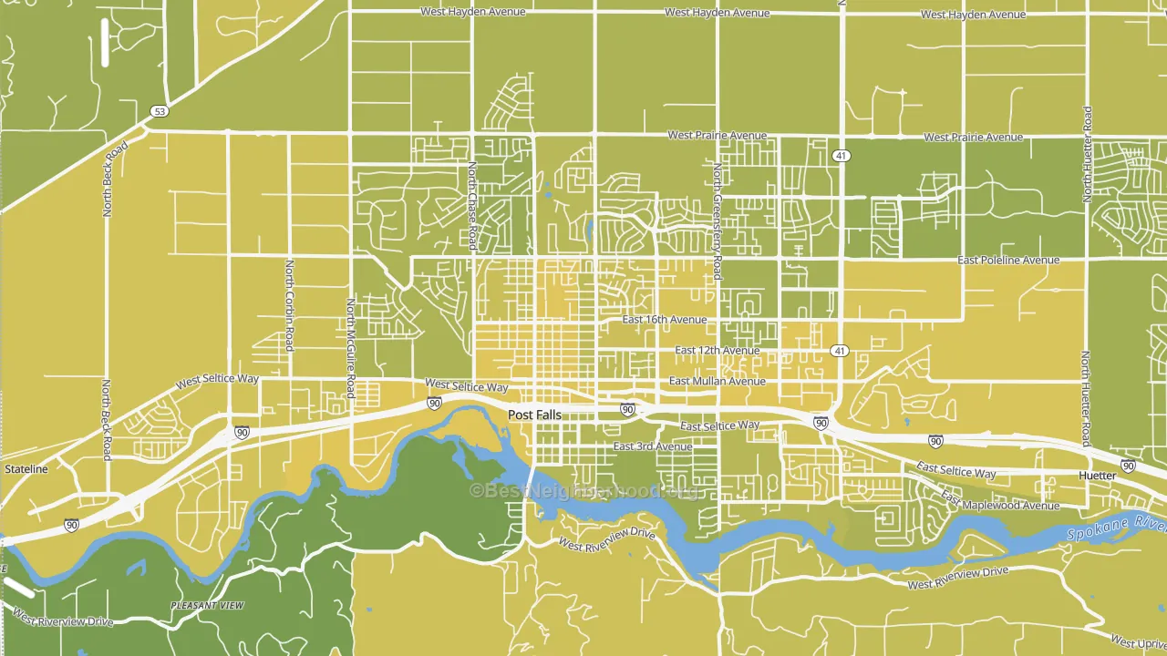 Map of the best neighborhoods in the 83854 area, with better matches in green and worse matches in red