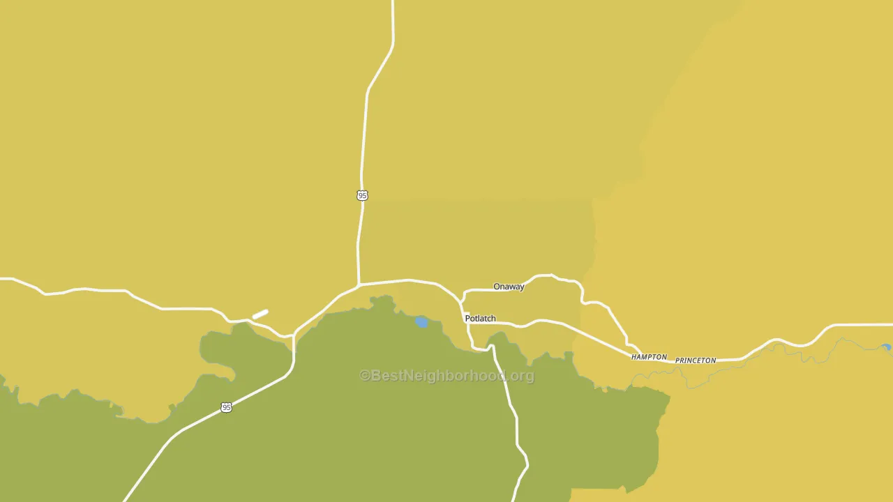 Map of the best neighborhoods in the 83855 area, with better matches in green and worse matches in red