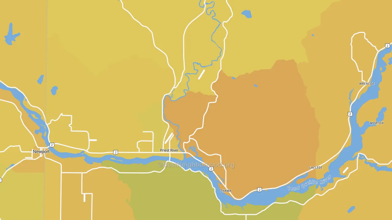 Map of the best neighborhoods in the 83856 area, with better matches in green and worse matches in red