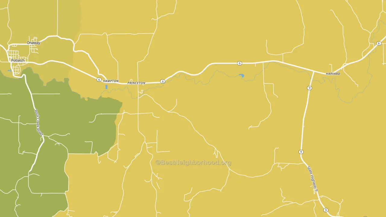Map of the best neighborhoods in the 83857 area, with better matches in green and worse matches in red