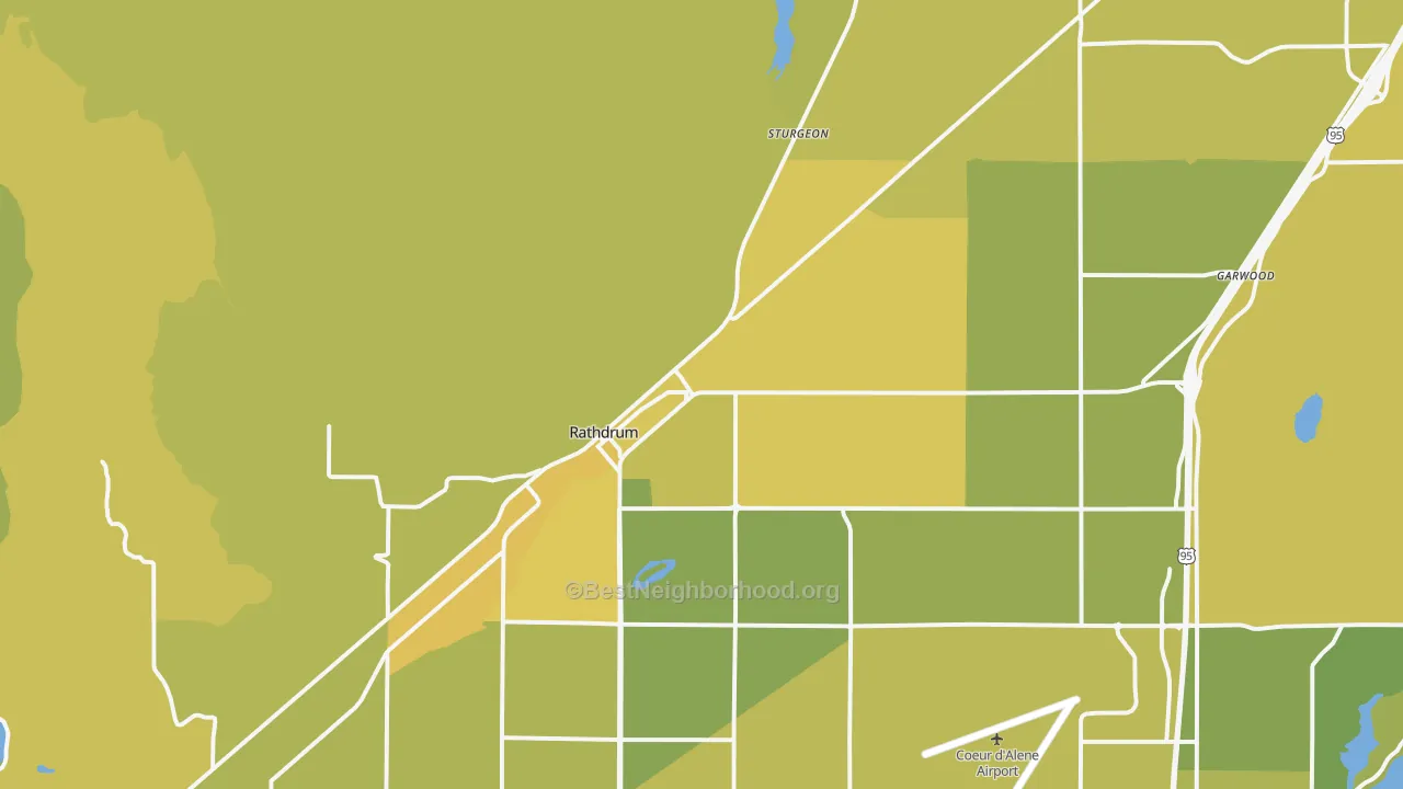 Map of the best neighborhoods in the 83858 area, with better matches in green and worse matches in red